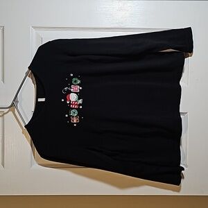 White Stag Long Sleeve Top Vintage Christmas Black Hohoho Snowman Cotton Size L